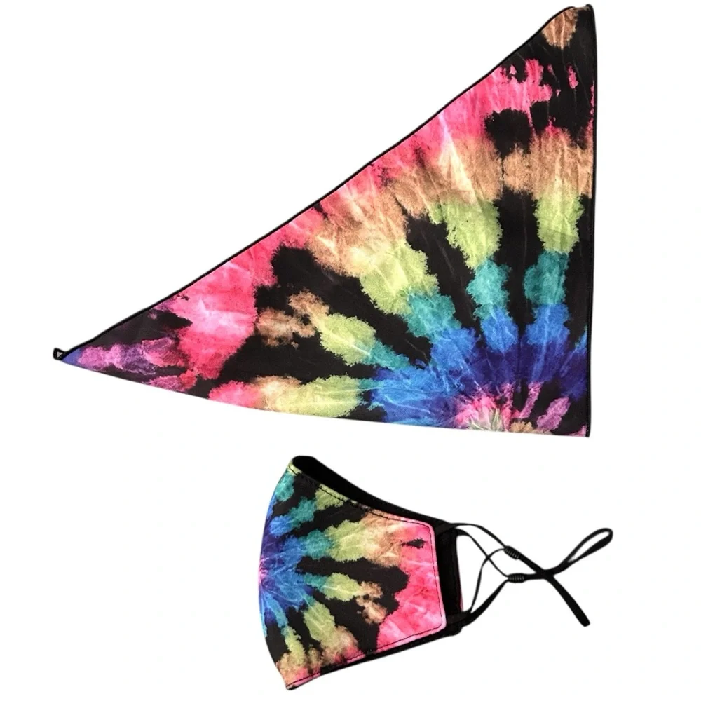 NWOT Rainbow Tie Dye Dog Bandana + Human Mask Matching Set